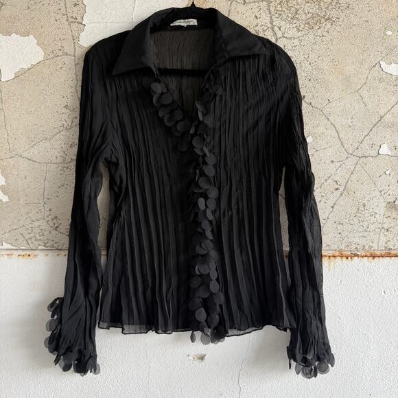 Black Sheer Pleated Blouse Ruffle Long Sleeve Party Top Medium Claudia Richard - Picture 3 of 6